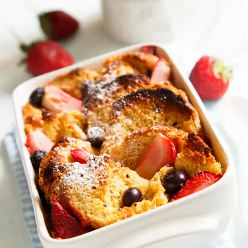 All American Triple Berry Bread Pudding with Warm White Chocolate Sauce